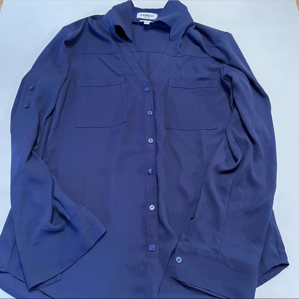 🏔Express Women's Slim Button Up Long-Sleeve Blouse Navy Blue Size Medium